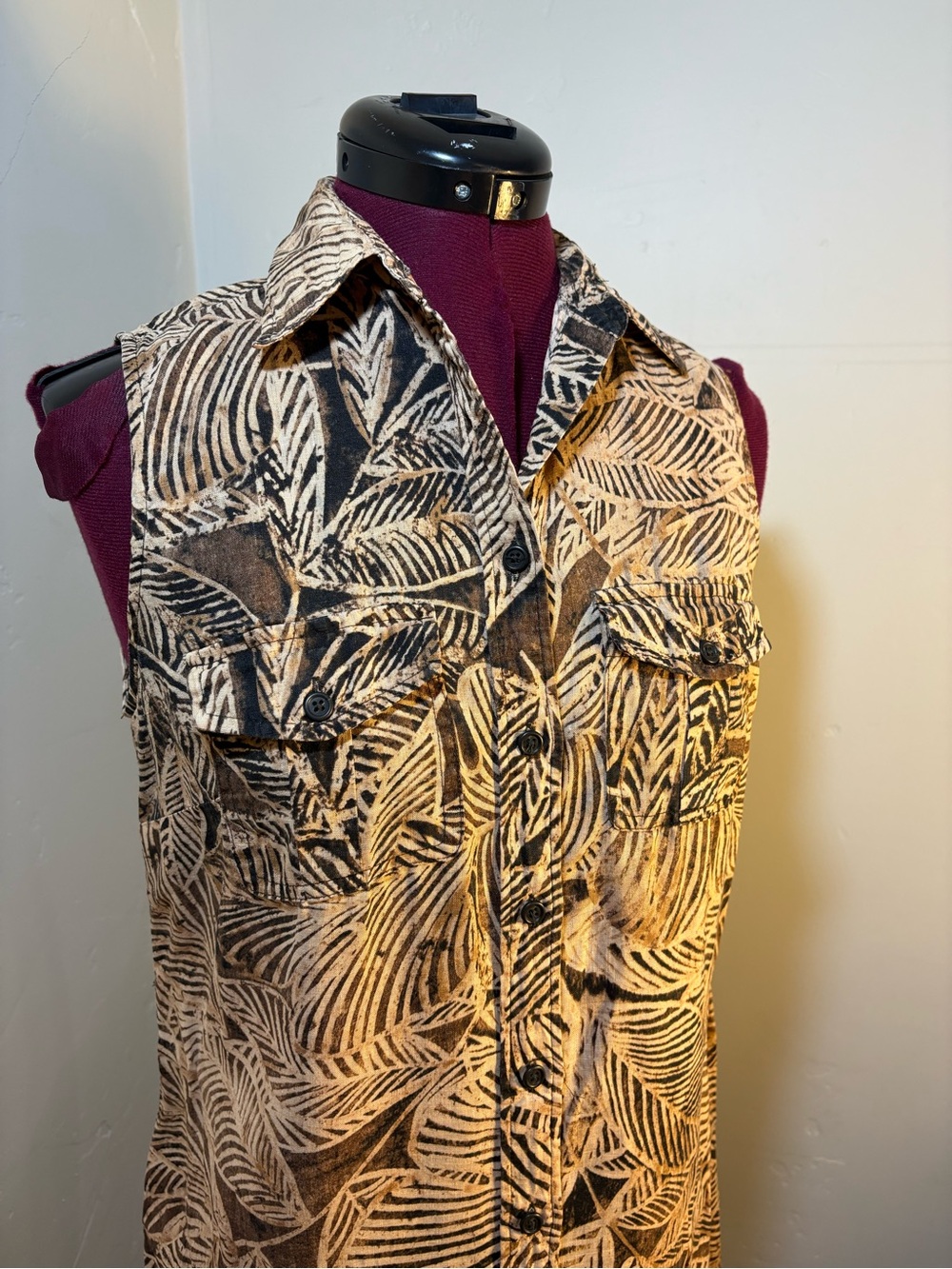 Ralph Lauren Lauren 100% Linen sleeveless shirt dress leaf zebra print medium